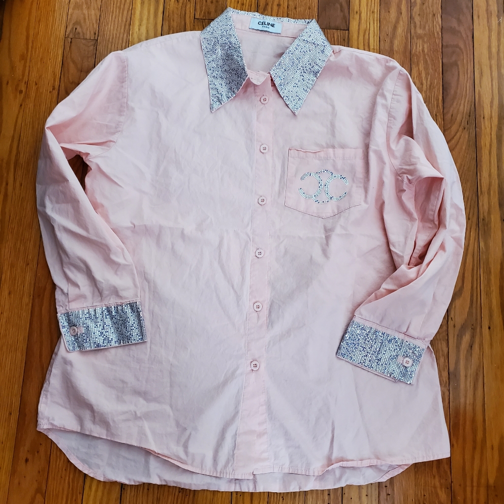 Celine Paris Light Pink Shirt With Glittering Silver Details Womens Sz M